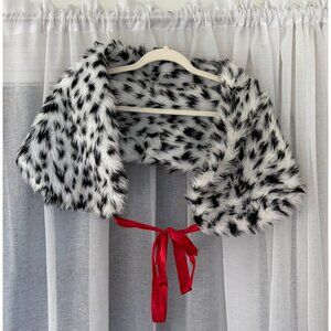 Disney Villains Cruella De Vil Faux Fur Spotted Shrug Wrap with Red Ribbon